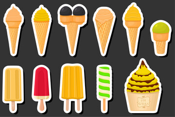Illustration on theme big kit ice cream popsicle different types in cone waffle cup