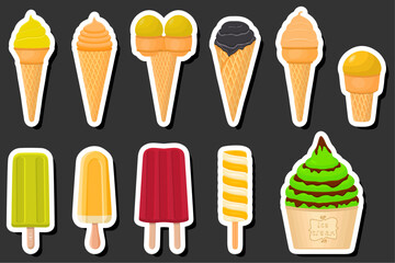 Illustration on theme big kit ice cream popsicle different types in cone waffle cup