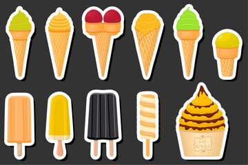 Illustration on theme big kit ice cream popsicle different types in cone waffle cup