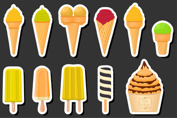 Illustration on theme big kit ice cream popsicle different types in cone waffle cup