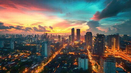 Obraz premium A bustling city skyline in 2025 at sunset, tall buildings glowing under a vibrant sky, representing urban growth and activity.