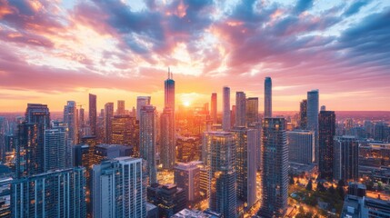 Obraz premium A bustling city skyline in 2025 at sunset, tall buildings glowing under a vibrant sky, representing urban growth and activity.