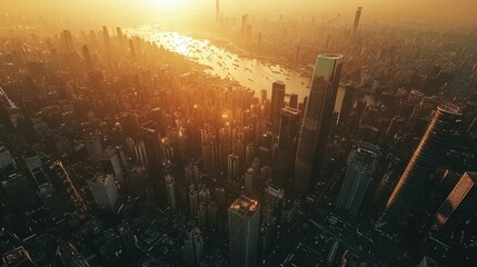 Fototapeta premium A futuristic cityscape in 2025, lit by the setting sun, filled with skyscrapers and bustling streets, symbolizing urban vitality.