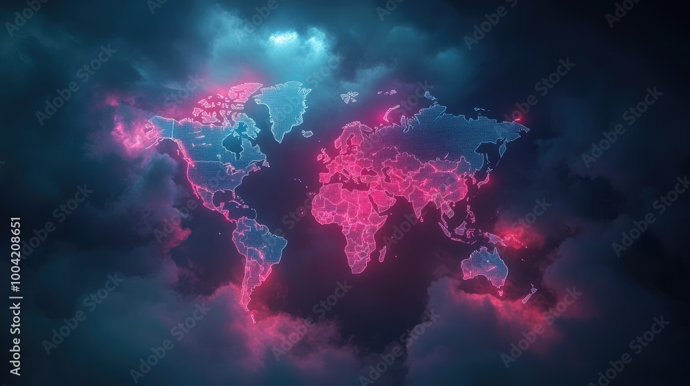 Poster a futuristic world map glowing in neon, centered on the u.s., representing global connectivity under