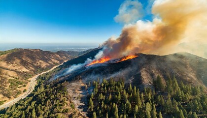 Fototapeta premium Wildfire aerial view. Forest fire in landscape resembling California. AI generated image.