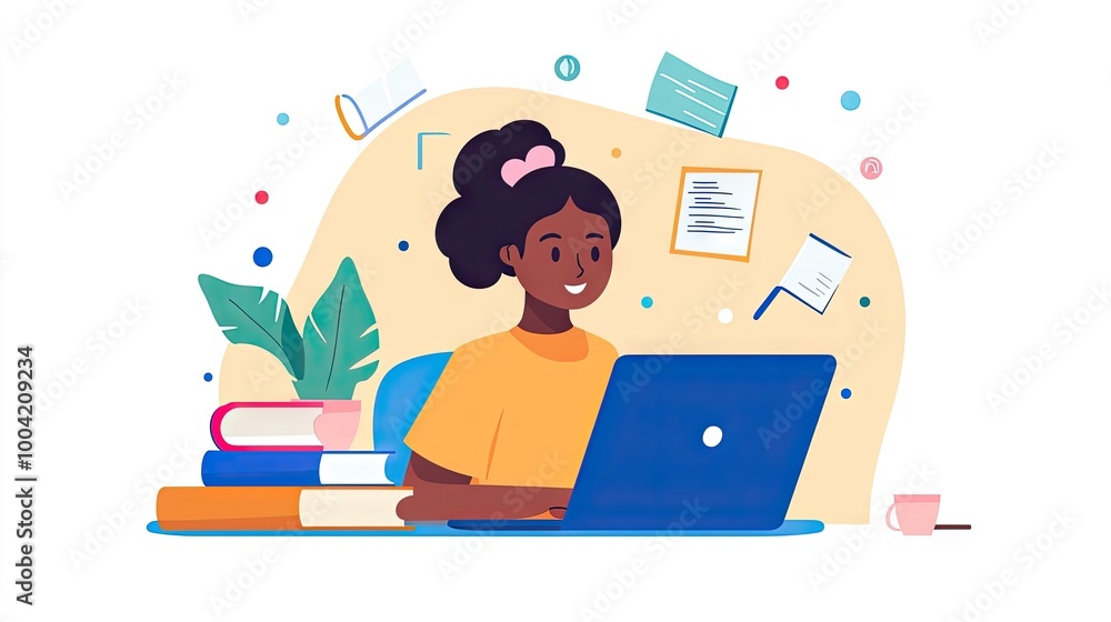 Poster a student attending an online lecture via laptop, taking notes and interacting with digital learning