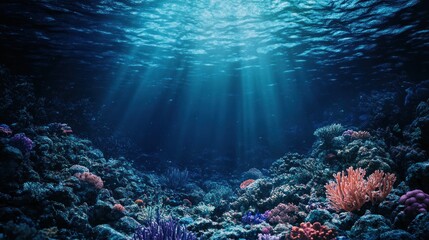 Naklejka premium A serene underwater scene showcasing vibrant coral reefs illuminated by beams of sunlight.