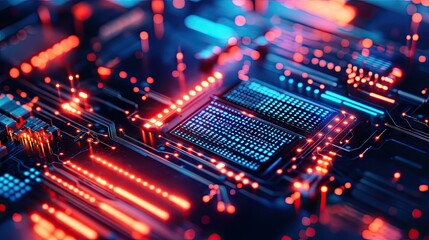 Obraz premium Abstract digital data traveling on a CPU and circuit board, representing modern technology and computer data organization.