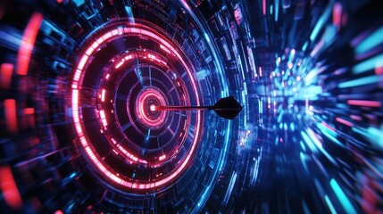 Obraz premium A vibrant, neon-lit dartboard with a dart striking the bullseye, representing focus and accuracy in a futuristic, tech-driven environment.