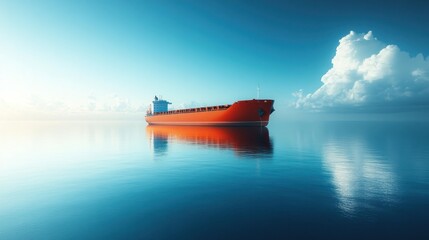 A solitary cargo ship on calm waters under a bright sky.