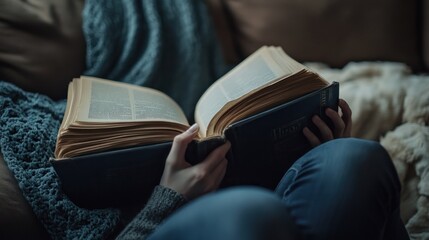 A young woman of Asian descent relaxing on a couch, absorbed in reading an open book during a cozy afternoon.