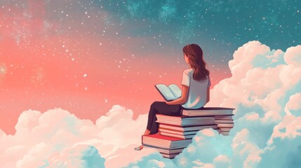 Obraz premium A young Latina woman sits on stacked books in a dreamy sky, immersed in reading with soft, colorful clouds surrounding her.