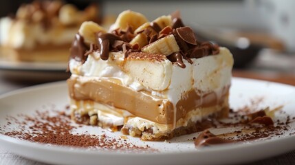 Decadent Layered Dessert with Creamy Filling and Crunchy Toppings on Plate