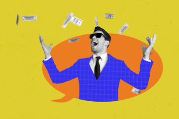 Composite creative art collage of happy man millionaire throw money income usd earnings profit...