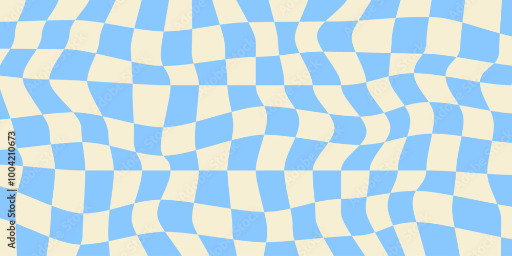 Poster Twisted checkered colorful background. Abstract vector pattern. Blue and white colors. Retro wavy psychedelic checkerboard	
