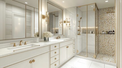 Modern bathroom with a walk-in shower and gold fixtures.