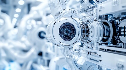 Fototapeta premium Artificial intelligence research facility, robotic arms and computer interfaces, futuristic look, isolated on white background