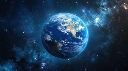 A stunning view of Earth from space, showcasing its blue oceans and green landmasses against a backdrop of cosmic beauty.