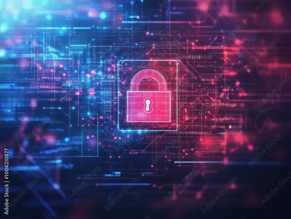 Poster Holographic lock surrounded by data points and encrypted layers, abstract tech background, glowing neon lights, cyber protection, illustration