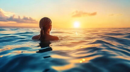 Fototapeta premium A woman is swimming in the ocean at sunset