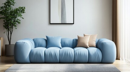 Fototapeta premium Modern Blue Sofa in Minimalist Living Room