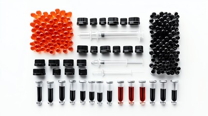 Fototapeta premium DNA extraction kit, microbiology tool, chemicals and vials, clean and organized, isolated on white background