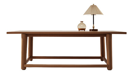 Wooden long table, coffee table, table lamp accessories, furniture interior design, transparent background