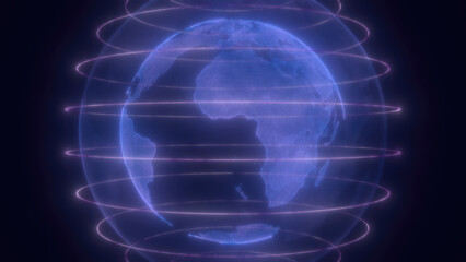 A digital representation of blue Earth with glowing lines encircling the planet, highlighting global connectivity and technology