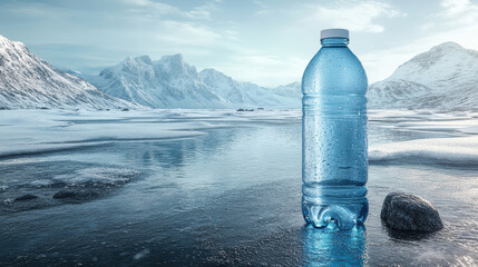 A bottle of water is sitting on a rock in a frozen lake. The bottle is half full and the water is dripping from it. The scene is serene and peaceful
