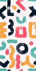 Seamless pattern abstract shapes, arrows, brush drawn bold squiggles. Vector collage design. Template colored childish doodle grunge elements. Punk girly style, ink, spirals, naive geometric figures.
