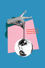 Vertical collage poster hand body fragment hold sphere planet world earth string continent ecology...