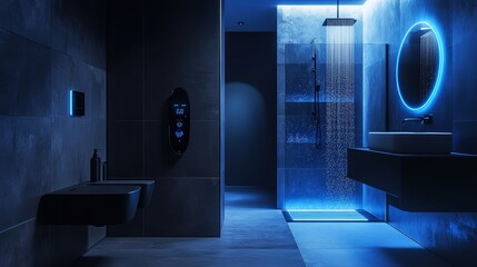 Modern bathroom with blue LED lights and a digital shower control panel.