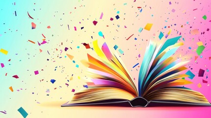 An open book with colorful pages surrounded by vibrant confetti, creating a festive and joyful atmosphere.