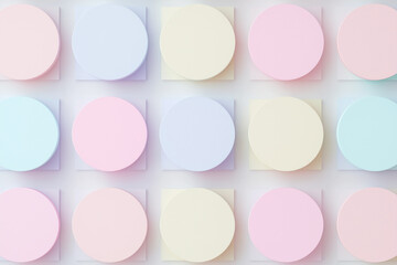 Fototapeta premium Abstract pastel circle pattern with soft colors in pink, blue, and cream tones, creating a minimalist geometric design background