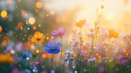 A vibrant display of blooming flowers in shades of purple and yellow against a soft, dreamy background, creating a tranquil ambiance.