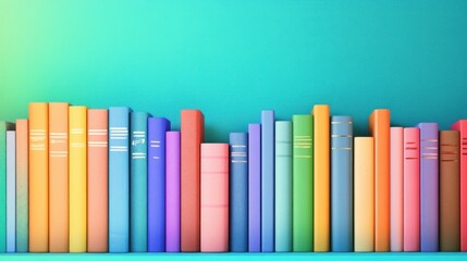 A vibrant array of colorful books neatly arranged on a shelf, creating a cheerful and inviting atmosphere.