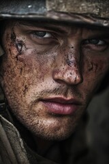 A soldier's face, weathered by war and combat, reflects the unpredictable nature of battle