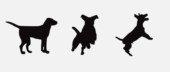 Dog silhouette collection vector. Dog in various poses and activities like jumping, sitting, running, playing, and standing. Silhouette black puppies, pet dog vector