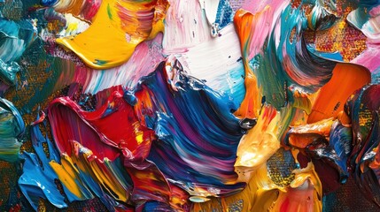 A vibrant abstract painting showcasing bold brush strokes in various colors and textures.