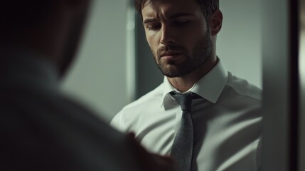 A contemplative man adjusts his tie while looking in a mirror, suggesting preparation or reflection.