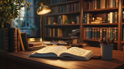 A serene study with an open book, warm lighting, and a cozy atmosphere, perfect for quiet reflection or study.