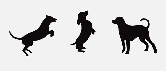 Dog silhouette collection vector. Dog in various poses and activities like jumping, sitting, running, playing, and standing. Silhouette black puppies, pet dog vector