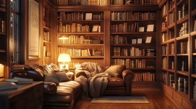 Cozy reading nook with brown leather sofa and warm lighting, surrounded by shelves full of books.