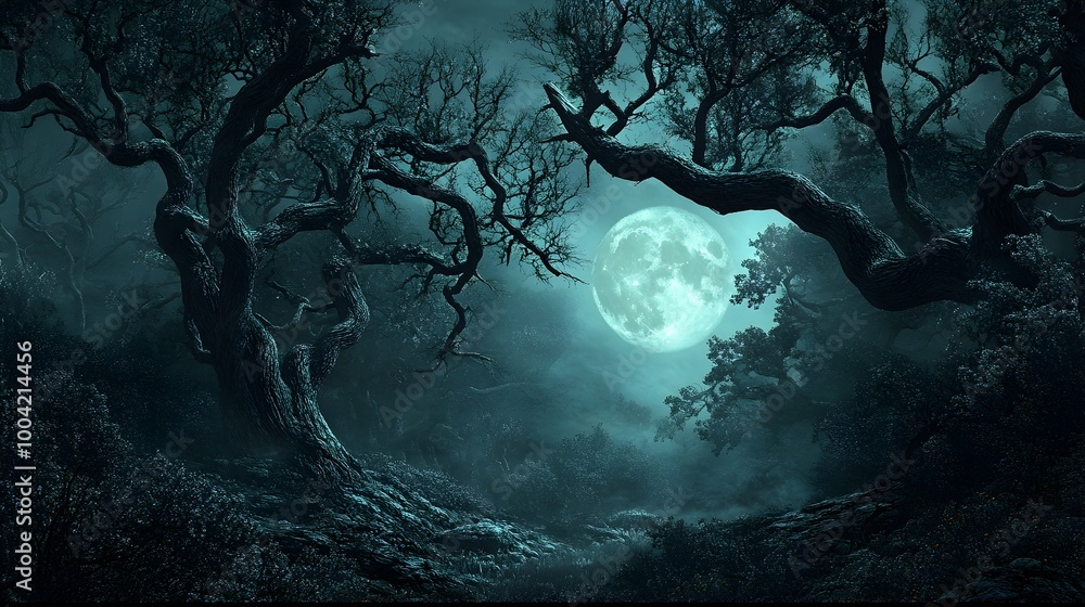 Poster a dark mysterious forest with twisted gnarled trees during a spooky halloween night intricate detail