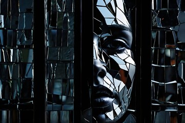 Abstract broken mirror fragments form a face outline, suggesting the release of the soul through shattered glass. The dark background contrasts the sharp edges, highlighting themes of identity.