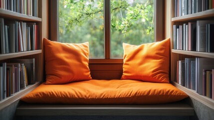 Cozy reading nook with orange cushions by a window, surrounded by books and greenery.