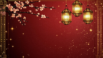 A luxurious red and gold background with Chinese lanterns and blossoms. Perfect for Lunar New Year, Christmas or festive designs. Evoking warmth, prosperity and celebration.