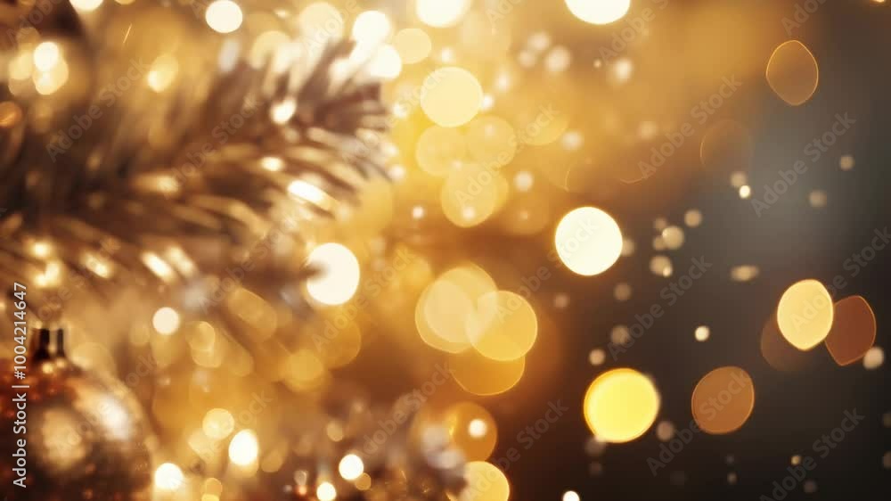 Poster Christmas tree decorated with golden baubles and lights sparkling, creating a festive atmosphere with a golden bokeh effect