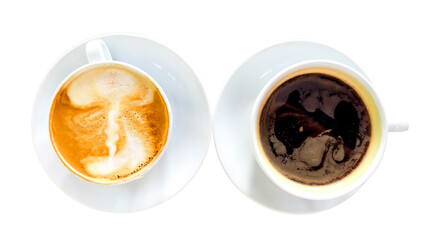 Two cups of coffee side by side—one with latte art and the other with black coffee—served in white cups and saucers, isolated on a white background.

