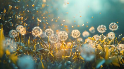 A close-up of dandelions releasing seeds in a serene, sunlit atmosphere, creating a magical essence of nature.
